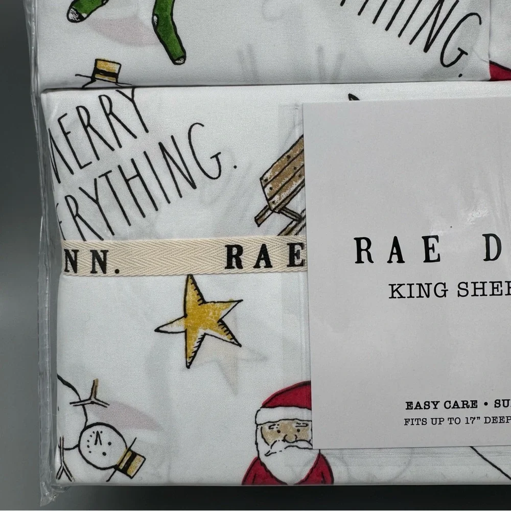 4pc Rae Dunn Christmas Merry Everything KING Sheet Set Santa Reindeer Snowman
